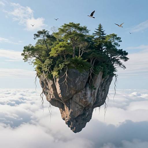 Photorealistic CGI of a floating, tree-covered rock island with hanging roots, surrounded by flying birds, set against a bright blue sky and fluffy clouds