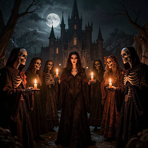 Photograph of six people in black skeletal masks and robes, holding candles, standing before a gothic castle under a full moon.