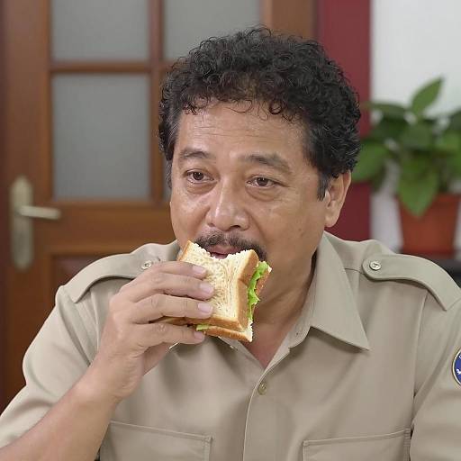 Focused Man Enjoying a Sandwich Indoors