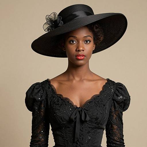Photograph of a beautiful Black woman with dark skin, wearing a black lace dress and wide-brimmed hat with a floral bow, against a plain