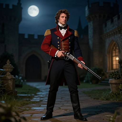 Photograph of a handsome, curly-haired man in a red and black 18th-century military coat, holding a rifle, standing under a moonlit