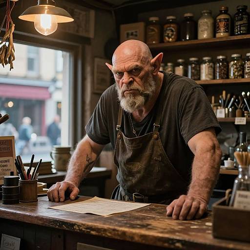 Photograph of a bald, bearded, elf-eared old man in a black shirt and brown apron, working at a rustic kitchen counter with