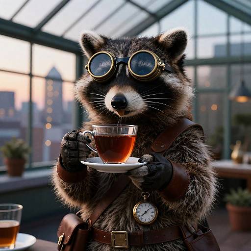 Anthropomorphic Raccoon in Steampunk Attire Drinking Tea