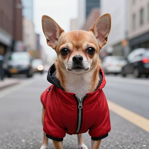 Photograph of a small tan Chihuahua with large ears, wearing a red zip-up jacket, standing on a city street with blurred cars and