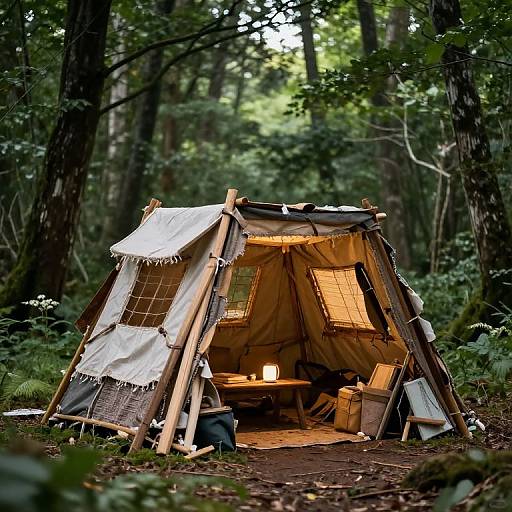 Photograph of a cozy, wooden A-frame tent in a lush forest, illuminated by warm candlelight, with white fabric drapes and wooden panels.
