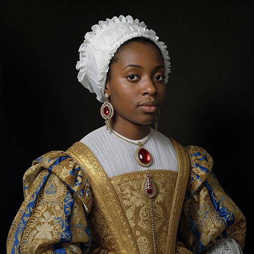 Photograph of a Black woman in an ornate, gold and blue Renaissance-style gown with puffed sleeves, white lace cap, and red gemstone
