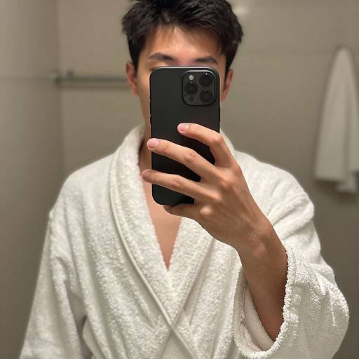 Young man with short black hair taking a mirror selfie in a white textured bathrobe, holding a black smartphone, in a modern bathroom.
