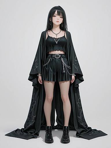 Digital art of a pale-skinned, black-haired woman in a black gothic outfit, including a crop top, skirt, long cape, and boots