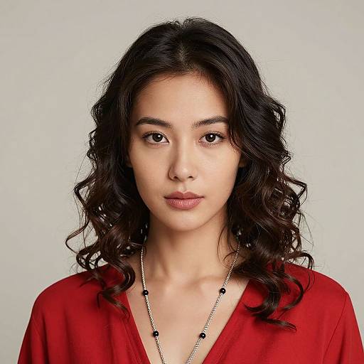 Photograph of a young Asian woman with wavy dark hair, wearing a red V-neck shirt and a black bead necklace, against a plain light gray