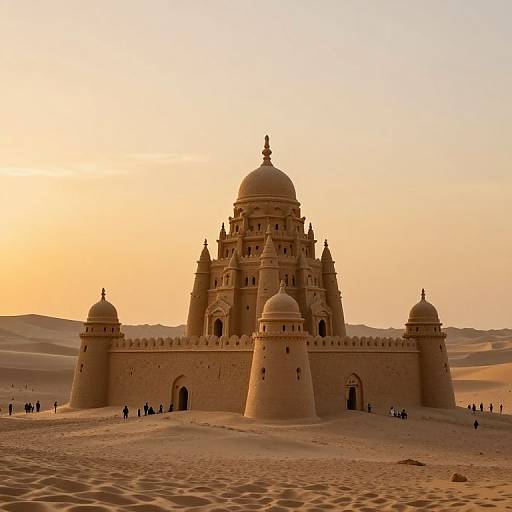 Photograph of a massive sandcastle-like structure with multiple domes, set in a vast desert with a golden sunset sky. Small groups of people stand