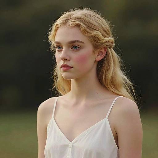 Photograph of a young blonde woman with fair skin and blue eyes, wearing a white, spaghetti-strap dress, standing in a blurred green outdoor setting