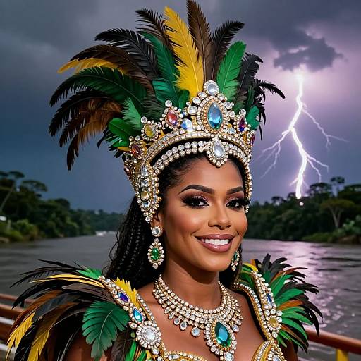 Photograph of a smiling Black woman in a colorful, feathered headdress and elaborate jewelry, with lightning striking in the stormy sky background.