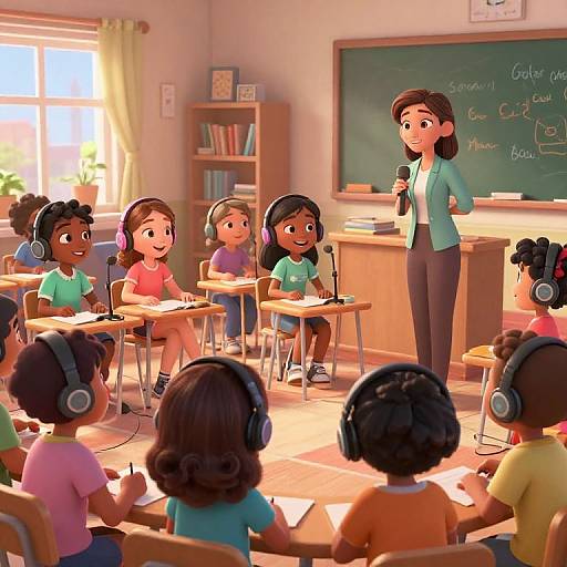 Digital CGI image of a diverse classroom with young students wearing headphones, sitting at desks, and listening to a female teacher standing at a chalkboard. Bright