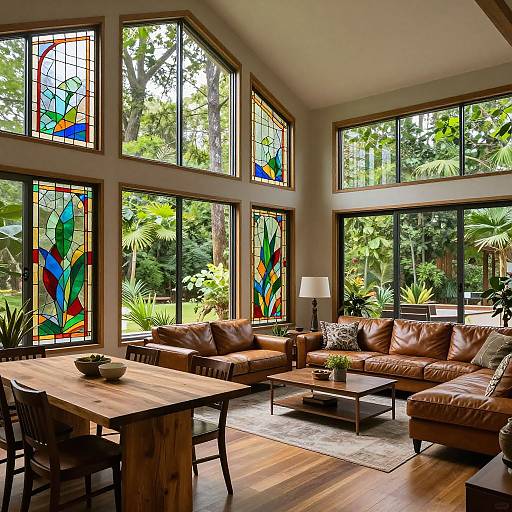 Photograph of a bright, modern living room with tall stained-glass windows, brown leather sofas, wooden table, and lush green garden view.