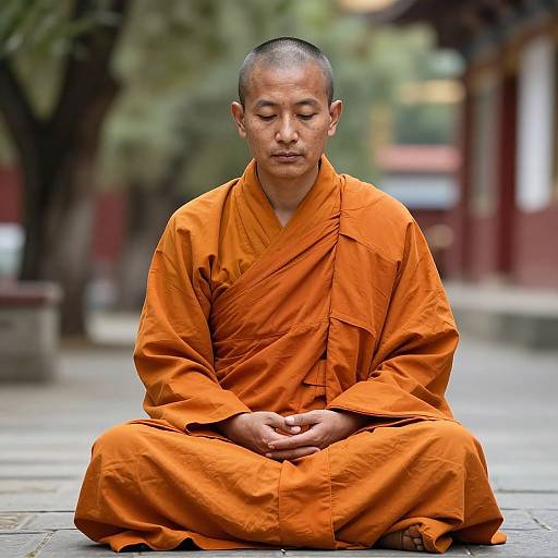 Photograph of a serene Buddhist monk with shaved head, wearing an orange robe, sitting cross-legged on a stone path, hands resting on knees, in
