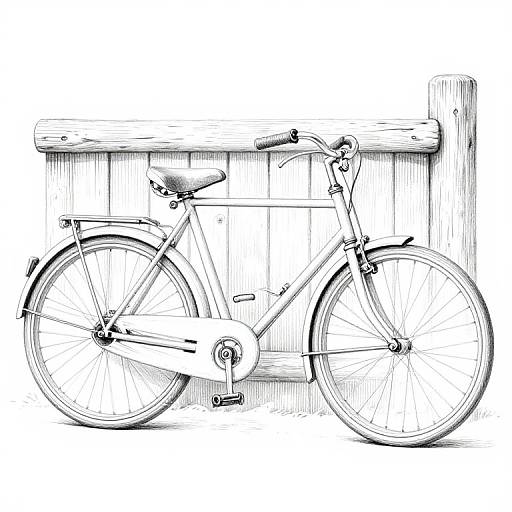Black-and-white line drawing of a classic, upright bicycle with a simple frame, leather seat, and wooden fence background.