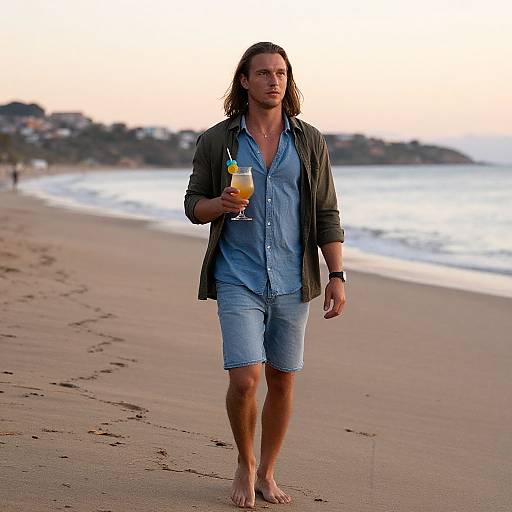 Young Man Walking on Beach at Sunset