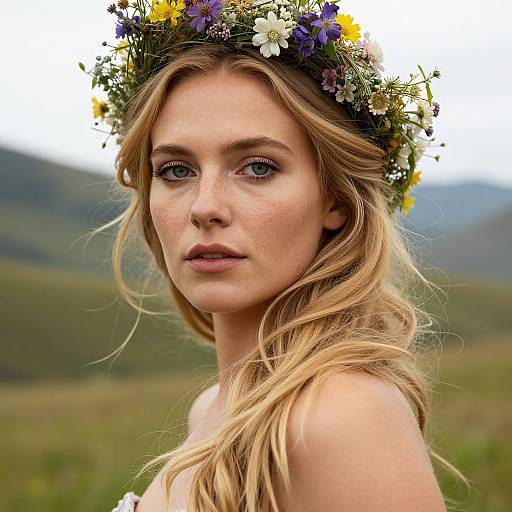 Photograph of a fair-skinned, blonde woman with blue eyes, wearing a floral crown, against a blurred mountainous background. Her wavy hair
