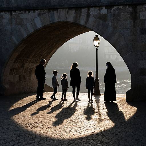 Photograph of silhouetted family and woman standing under stone archway, sunlight casting long shadows, vintage lamppost in background.