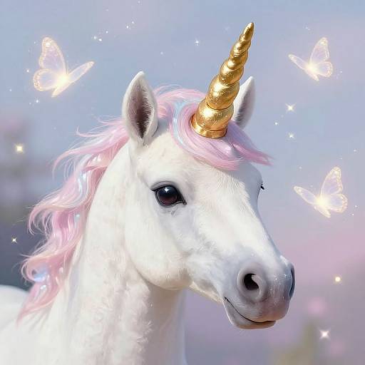 Photograph of a white unicorn with a golden horn and pink mane, surrounded by glowing butterflies against a soft blue and pink sky.