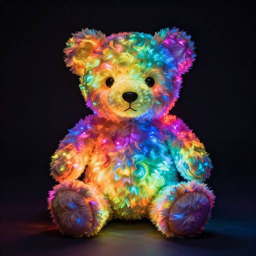 Photograph of a fluffy, rainbow-lit teddy bear with multicolored lights against a black background, sitting upright with a friendly expression.