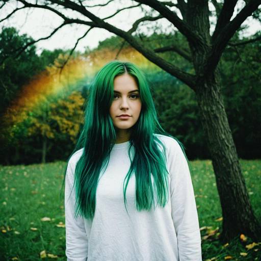 Woman with Green Hair and Rainbow Outdoors