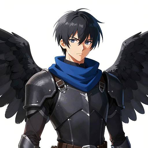 Anime-style digital drawing of a serious, black-haired male character with black wings, wearing black armor and a blue scarf. White background.