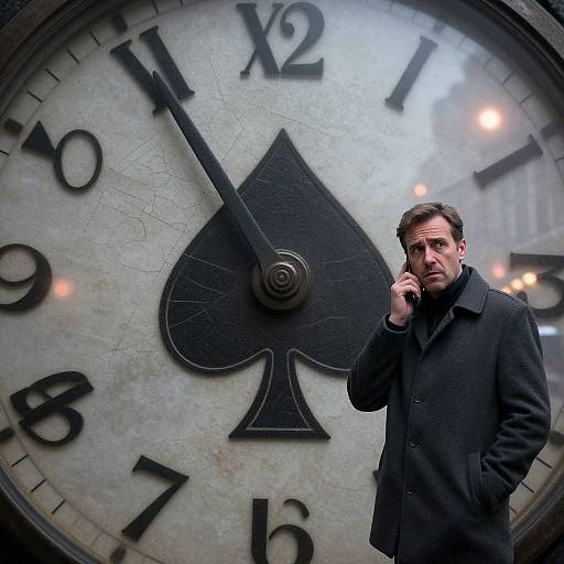 Photograph of a serious man in a dark coat, standing in front of a large, clock face with a black spade symbol, talking on a