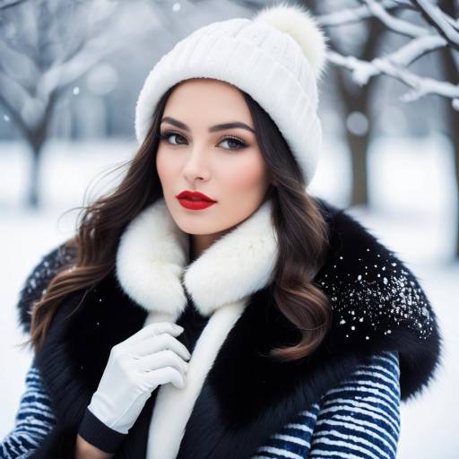 Elegant Woman Wearing Winter Coat and Hat in Snow