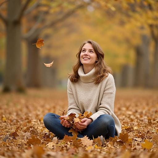 Photograph of a smiling young woman with light brown hair, wearing a beige turtleneck sweater and blue jeans, kneeling on a forest floor covered in