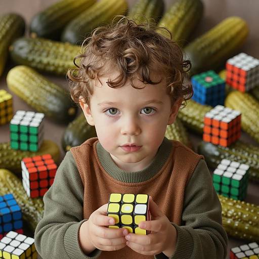 Toddler Surrounded by Cucumbers in Detail