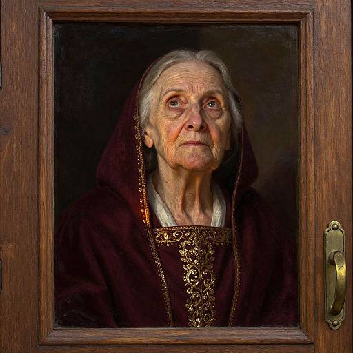 Photorealistic painting of an elderly white woman with wrinkled skin, white hair, and brown eyes, wearing a dark habit with intricate gold embroidery,