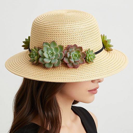 Photograph of an Asian woman with long brown hair wearing a beige straw hat adorned with green and pink succulents, against a white background.