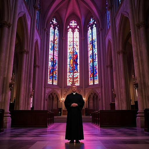 Photograph of a bald clergyman in black robes standing in a grand, Gothic cathedral with vibrant, stained-glass windows and purple lighting.
