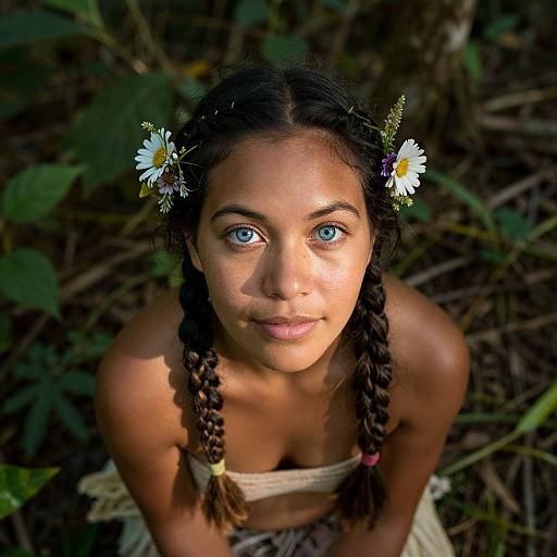 Photograph of a young woman with braided hair, daisy hairpins, blue eyes, and tan skin, kneeling in a forest, wearing a