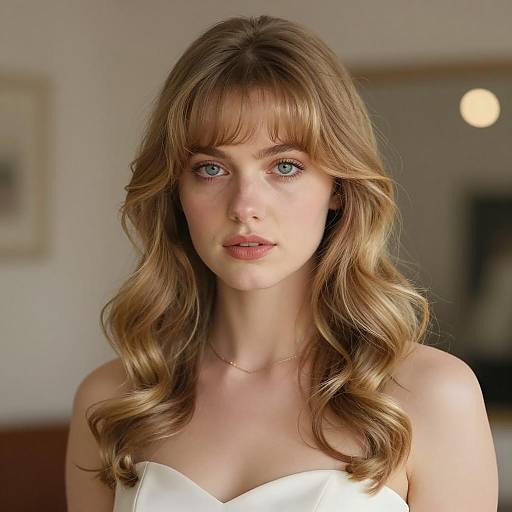 Portrait of Young Woman with Blonde Wavy Hair and Bangs