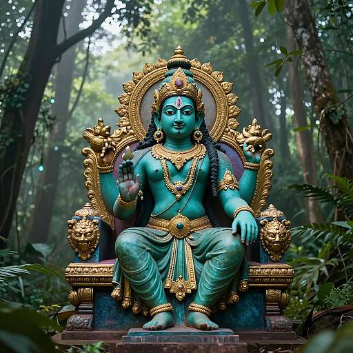 Photograph of a turquoise-blue Hindu deity statue with gold ornate throne, forest background, green dhoti, intricate jewelry, serene expression.