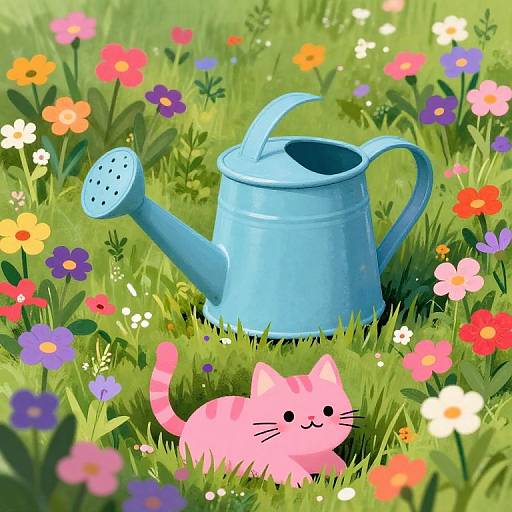 Whimsical Garden with Pink Cat