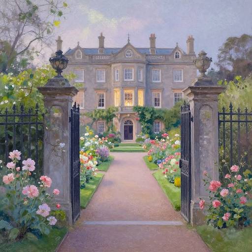 Photograph of a grand, illuminated Georgian mansion with symmetrical windows, flanked by lush, colorful flower gardens, and iron gates.