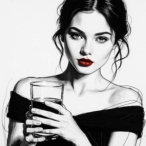 Minimalistic Black and White Sketch of Woman with Red Lips