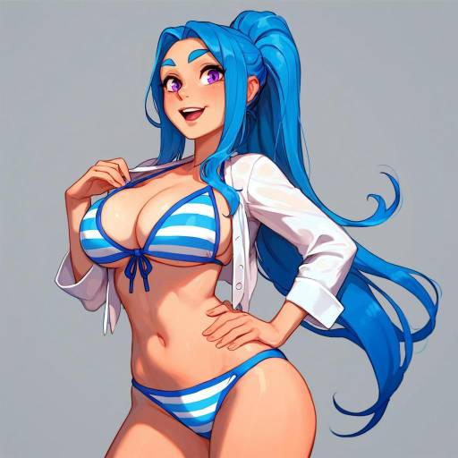 Confident Girl in Striped Bikini Pose