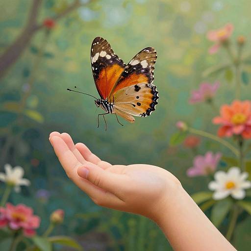 Photograph of an orange and black butterfly with white spots perched on an outstretched child's hand, surrounded by colorful flowers in a blurred,