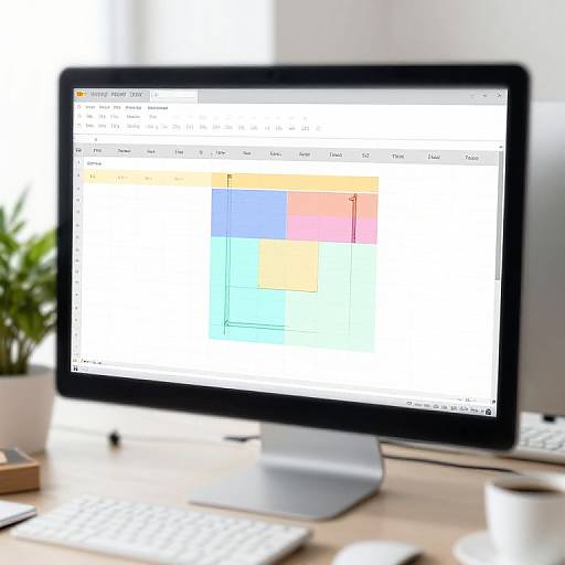 Photograph of a modern desktop computer displaying a colorful bar chart on a spreadsheet, set on a light wooden desk.