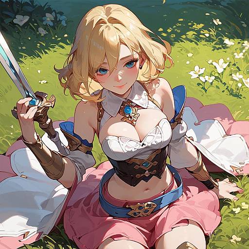 Digital anime-style drawing of a blonde, blue-eyed woman with large breasts, wearing a white top, black corset, pink skirt, and holding a