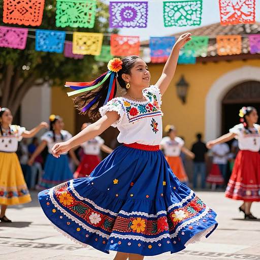 Photograph of a joyful Mexican dancer in a blue embroidered dress, white blouse, and colorful hair ribbons, celebrating with colorful papel picado backdrop.