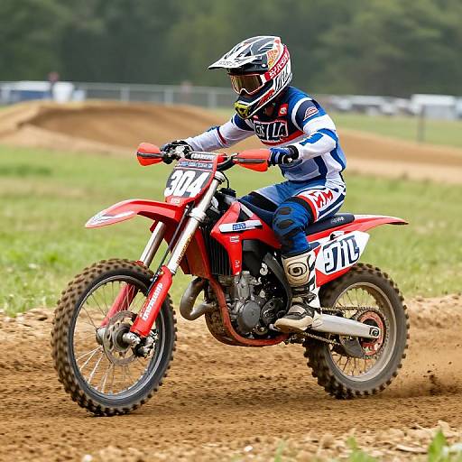 Photograph of a motocross rider in blue and white gear, red bike, helmet, racing number 211, on dirt track, green grass