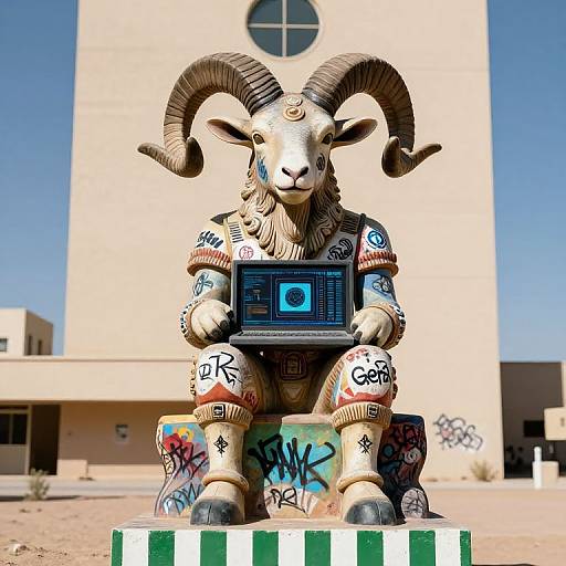 Cyberpunk Horned Statue in Urban Decay