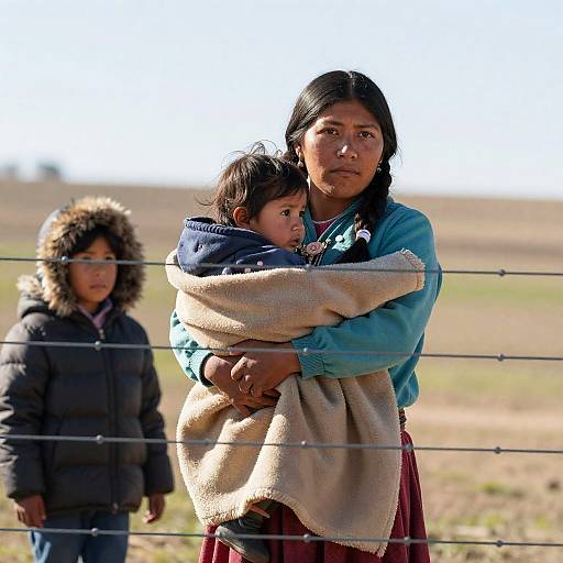 Determined Native American Woman with Child