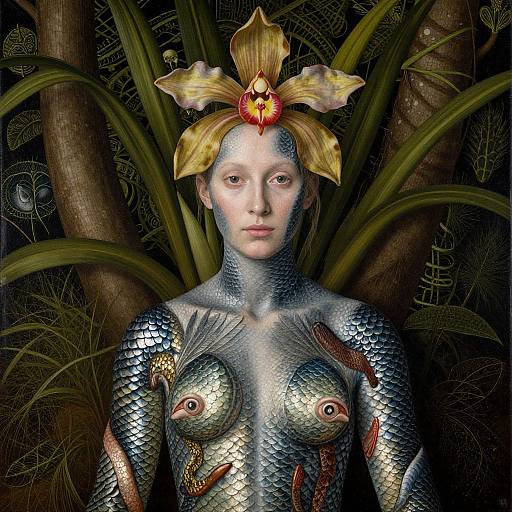 Digital artwork of a pale-skinned woman with fish scales, golden flower headdress, and fish embedded in her chest, set against a dark, plant