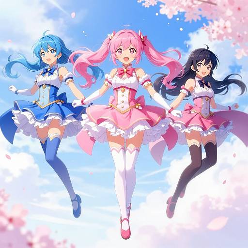 Anime-style digital drawing of three vibrant, colorful female characters with long hair, wearing frilly, pastel-colored dresses, running joyfully against a bright